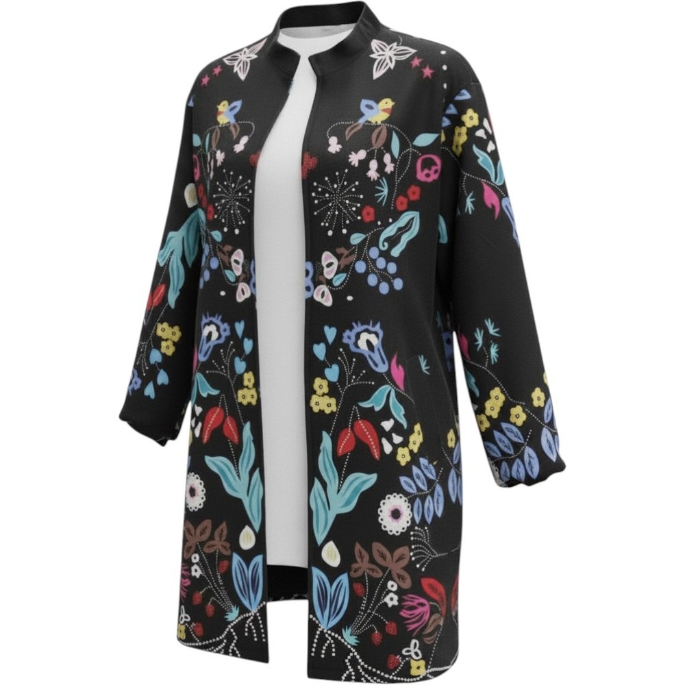 Eva Franco Floral Bird Print Coat Womens Large Black Excellent Lined Back Slit